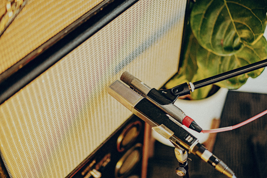 Two microphones positioned side by side in front of an amplifier.
